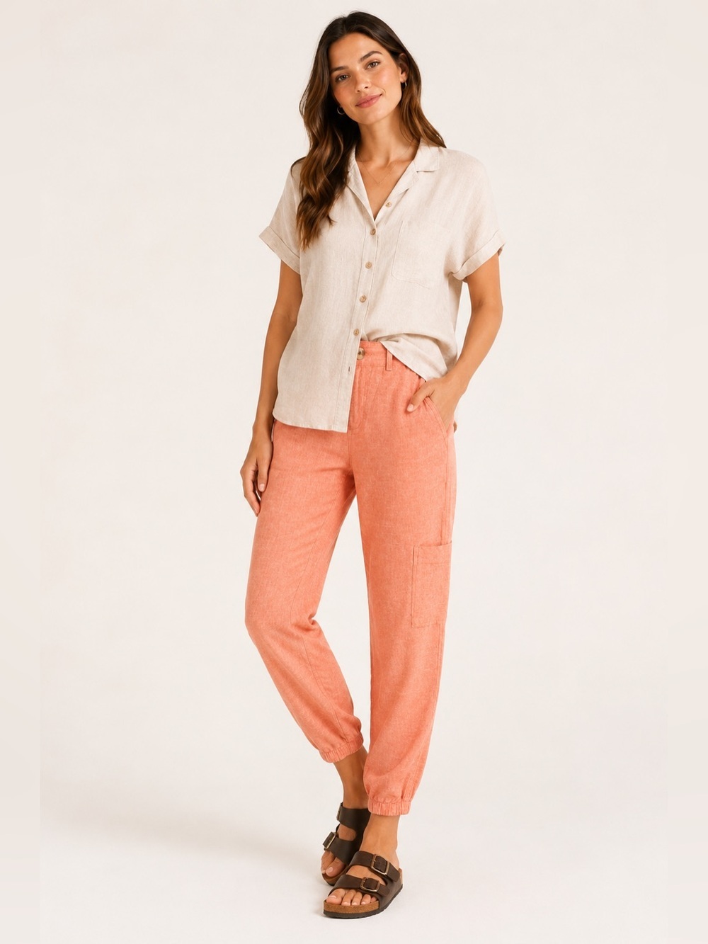 Sonoma Linen Rayon Blend Oak Orange/ Salmon/ Peach Orange Cargo Jogger Sz 14